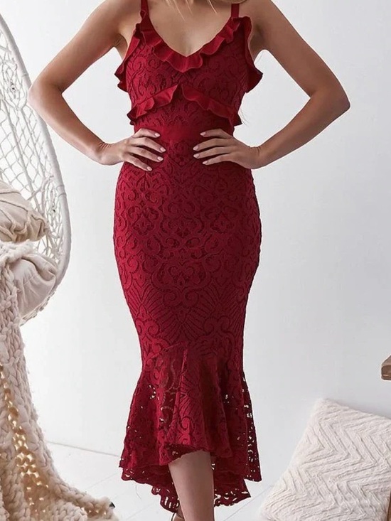 Two Sisters Dresses & Skirts - Elegant Red Lace Midi Dress with Ruffle Details